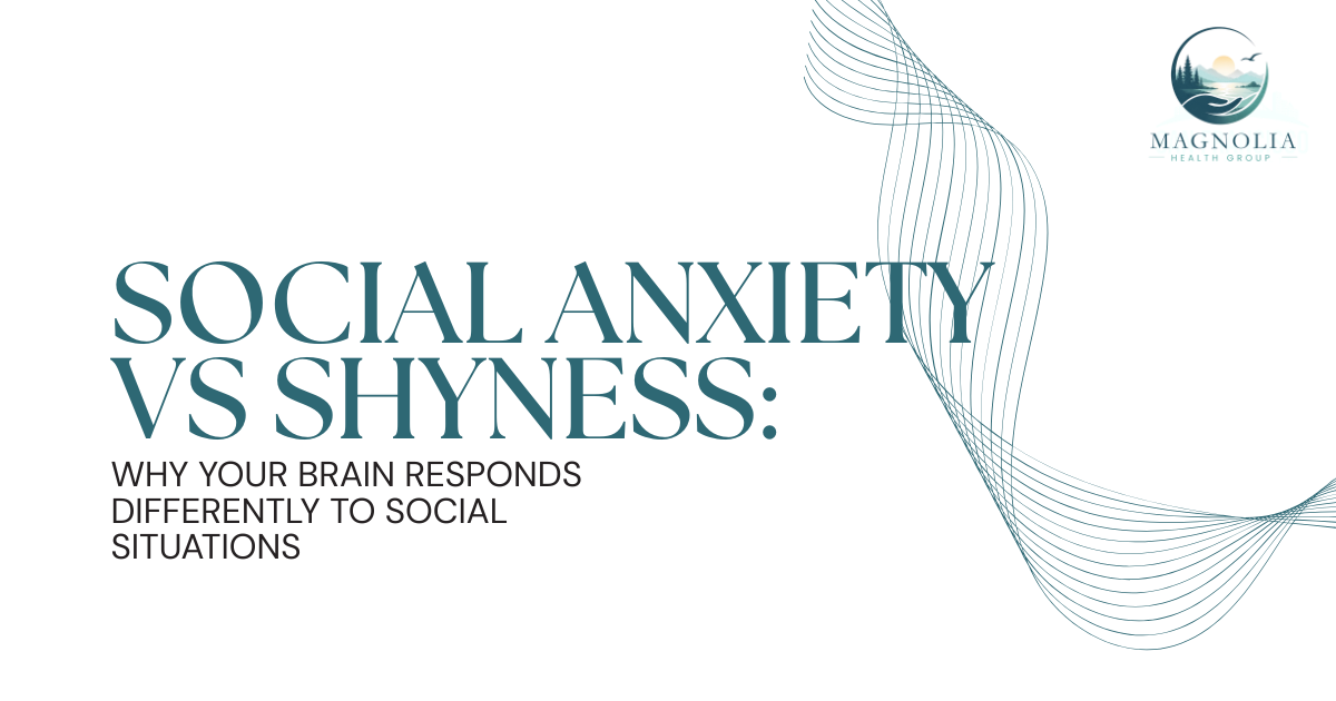 Hero banner with teal title: 'Social Anxiety vs Shyness: Why your brain responds differently to social situations' and Magnolia Mental Health Washington logo in the top-right.